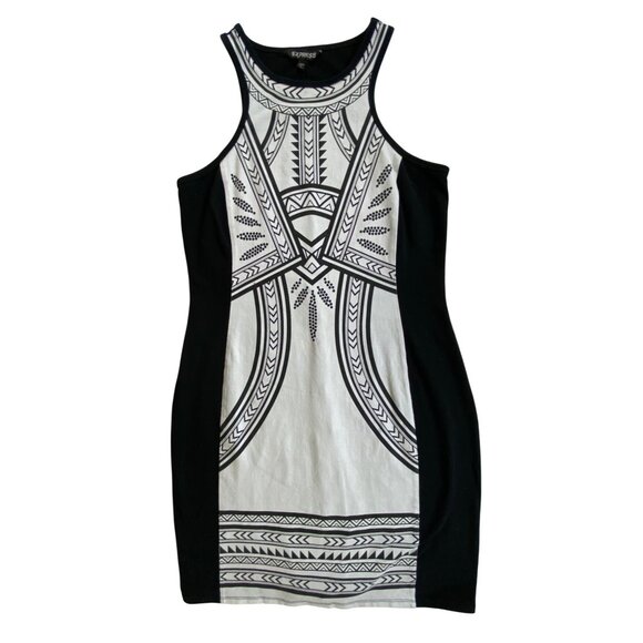 Express Black & White Sleeveless Bodycon Dress Tribal Print Size Large Sexy Boho - Picture 1 of 5